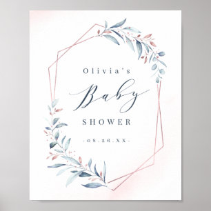 Affiche Baby shower géométrique rose Gold Blue Greenery