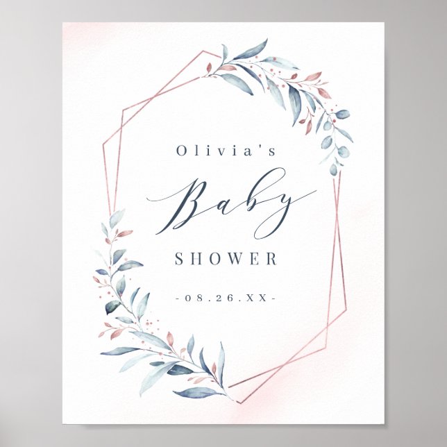 Affiche Baby shower géométrique rose Gold Blue Greenery (Devant)