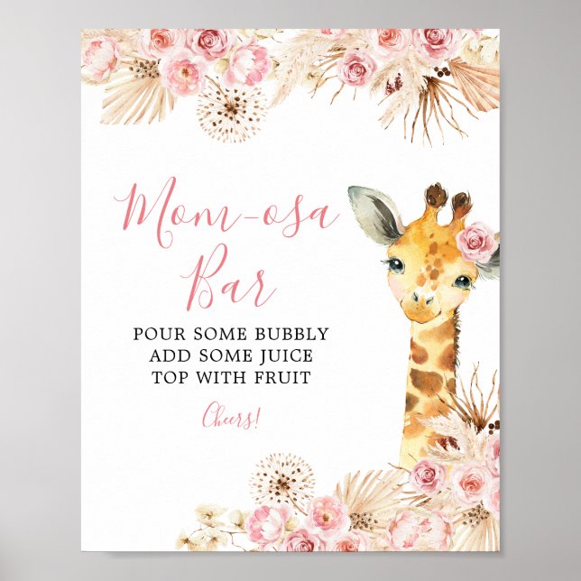 Affiche Baby shower girafe Boho rose vif Maman-osa Bar (Devant)