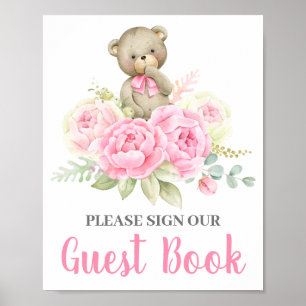 Affiche Baby shower Girl Bear Guest Book