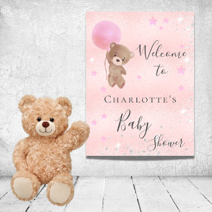 Affiche Baby shower girl teddy bear rose argent bienvenue