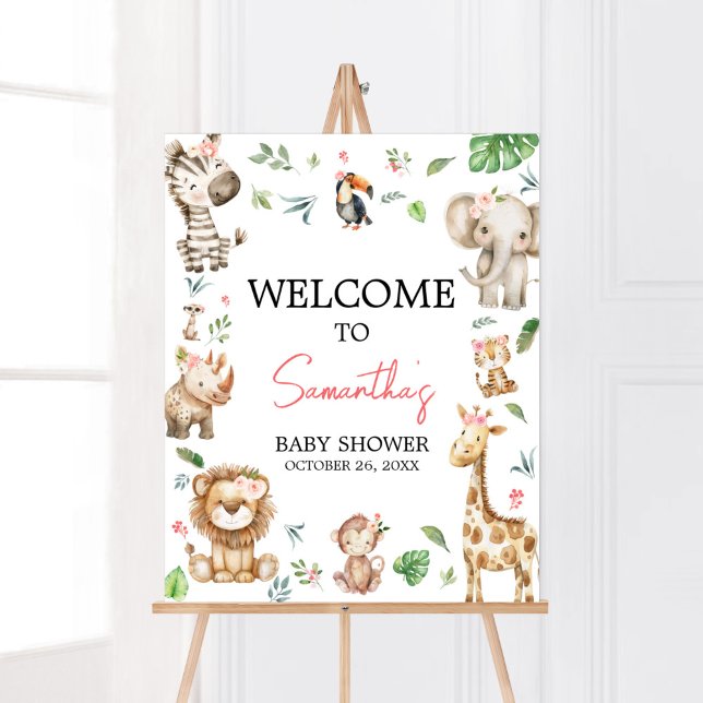 Affiche Baby shower Girl Wild One Safari Bienvenue (Floral Wild One Safari Animals Baby Shower Welcome Sign)