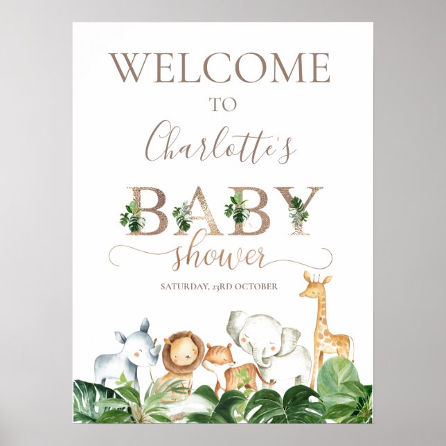 Affiche Baby shower Gold Green Safari Animaux Bienvenue (Devant)