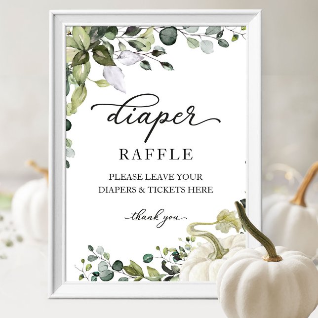 Affiche Baby Shower Greenery Diaper Raffle Game Sign (Créateur téléchargé)