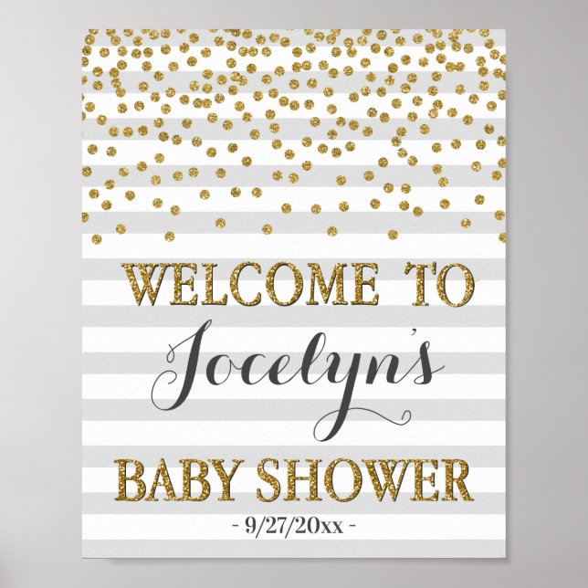 Affiche Baby shower gris clair or genre neutre Bienvenue (Devant)