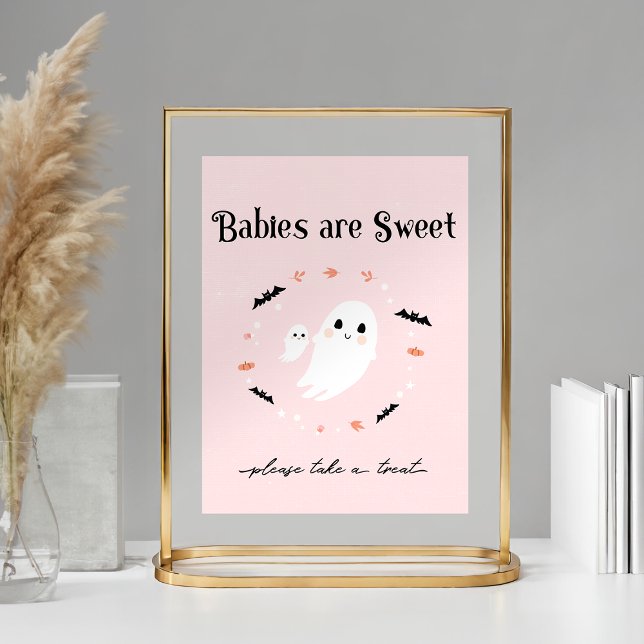 Affiche Baby shower Halloween rose signe de faveur, Petit  (Pink Halloween baby showerFavor sign shown with 5x7 print in a gold frame)