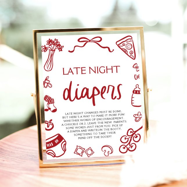 Affiche Baby shower Italien Tiré À La Main Late Night Diap (Hand Drawn Italian Baby Shower Late Night Diapers Sign)