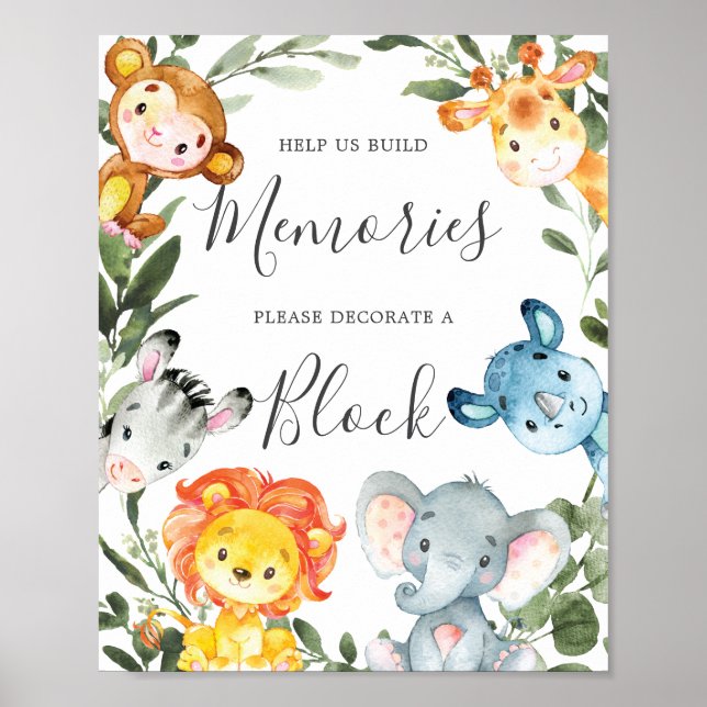 Affiche Baby shower Jungle Animaux Décorez Un Panneau Bloc (Devant)