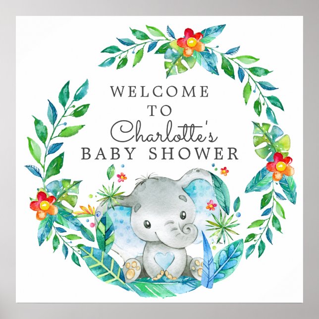 Affiche Baby shower Jungle Elephant Bienvenue (Devant)