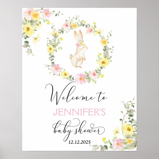 Affiche baby shower lapin fleur sauvage accueil (Devant)