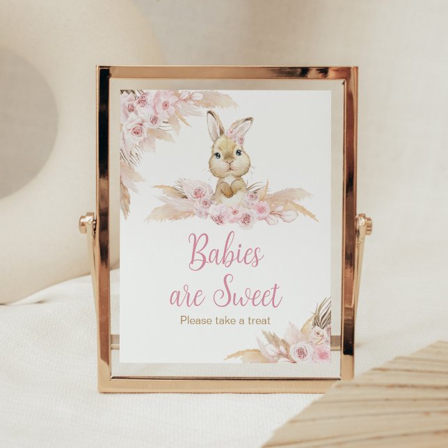 Affiche Baby shower lapin rose Boho Les bébés sont doux (Pampas Grass Girl Bunny Baby Shower Babies are Sweet Sign)