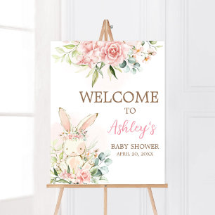 Affiche Baby shower lapin rose floral Bienvenue
