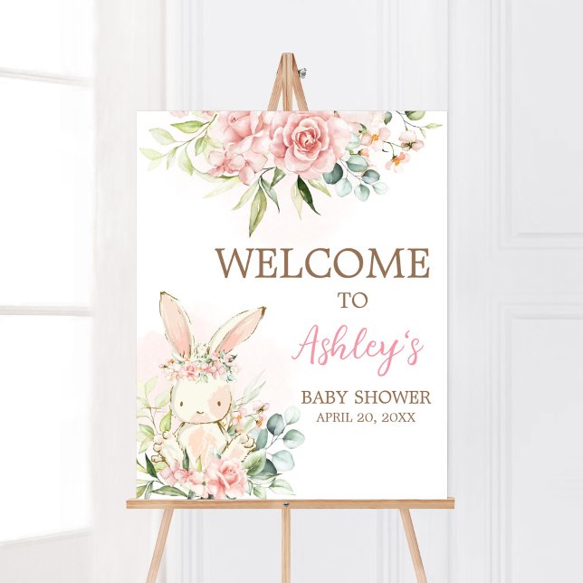 Affiche Baby shower lapin rose floral Bienvenue (A Little Bunny Girl Baby Shower Welcome Sign)