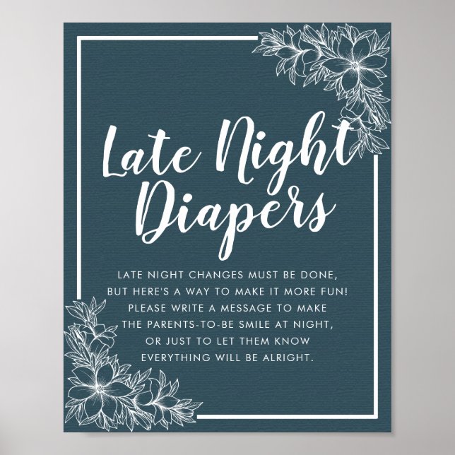 Affiche Baby shower Late Night Diapers Bleu Blanc Fleurs (Devant)