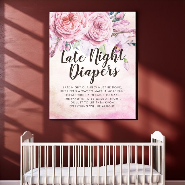 Affiche Baby shower Late Night Diapers Boho Flower Feather (Créateur téléchargé)