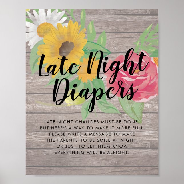 Affiche Baby shower Late Night Diapers Fleurs Bois Rustiqu (Devant)