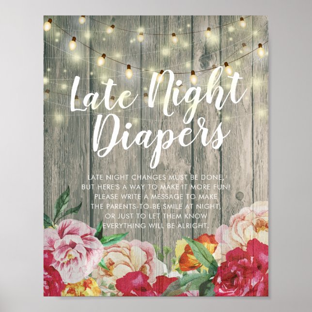 Affiche Baby shower Late Night Diapers Fleurs Lumières Boi (Devant)