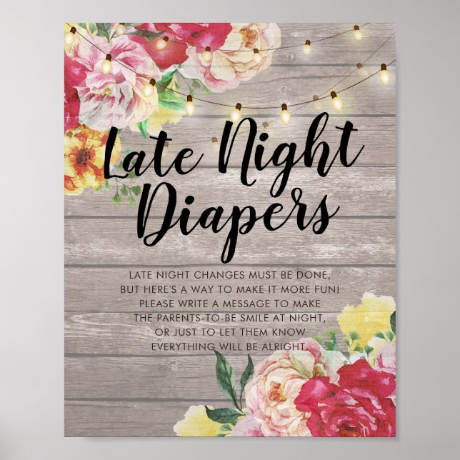 Affiche Baby shower Late Night Diapers Fleurs Lumières Boi (Devant)