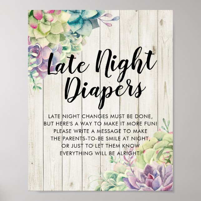 Affiche Baby shower Late Night Diapers Signale Bois Succul (Devant)