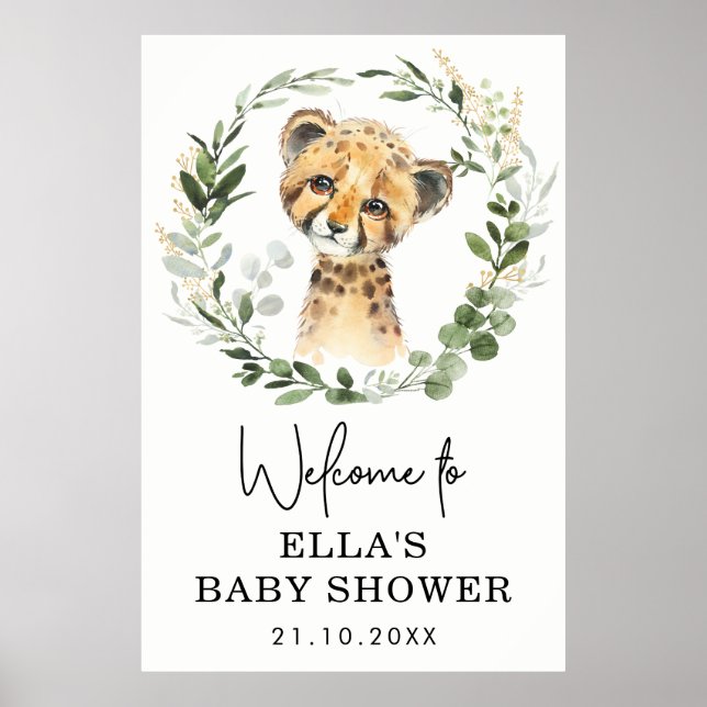 Affiche Baby shower léopard vert d'Eucalyptus neutre (Devant)