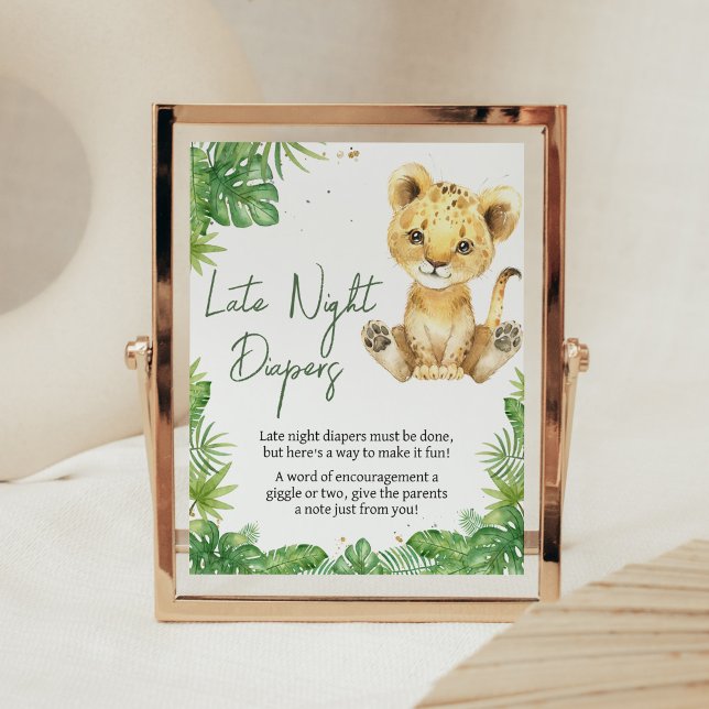 Affiche Baby shower Lion en ruines Diapositives nocturnes (Roaring with Excitement Lion Baby Shower Late Night Diapers Sign)