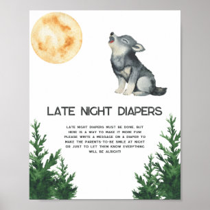 Affiche Baby shower Loup - Jeu de couches tard la nuit 