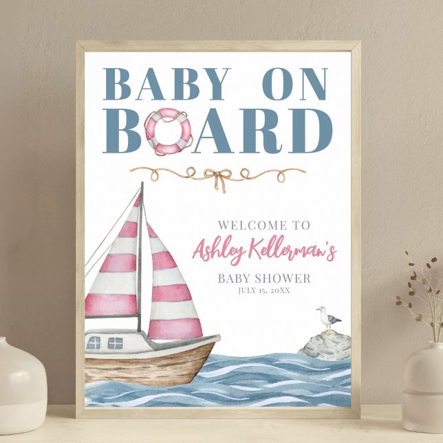 Affiche Baby shower marin rose pour bébé (Pink Nautical Baby Shower Poster )