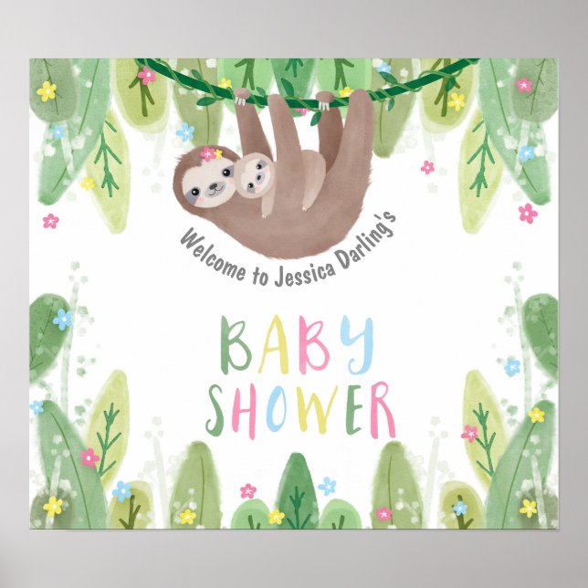 Affiche Baby shower mignon bienvenue paresseux avec maman  (Devant)
