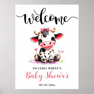 Affiche Baby shower minimaliste rose vache fille