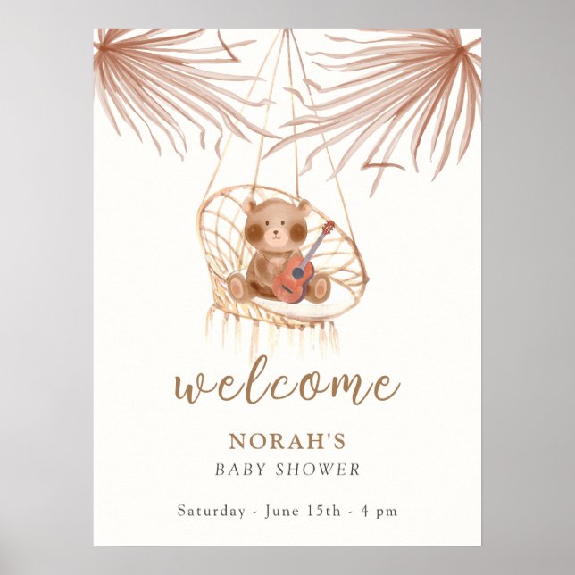 Affiche Baby shower moderne Boho Teddy Bear Bienvenue (Devant)