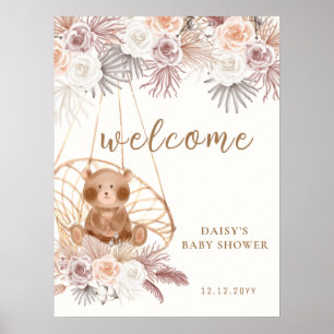 Affiche Baby shower moderne Boho Teddy Bear Pampas Accueil
