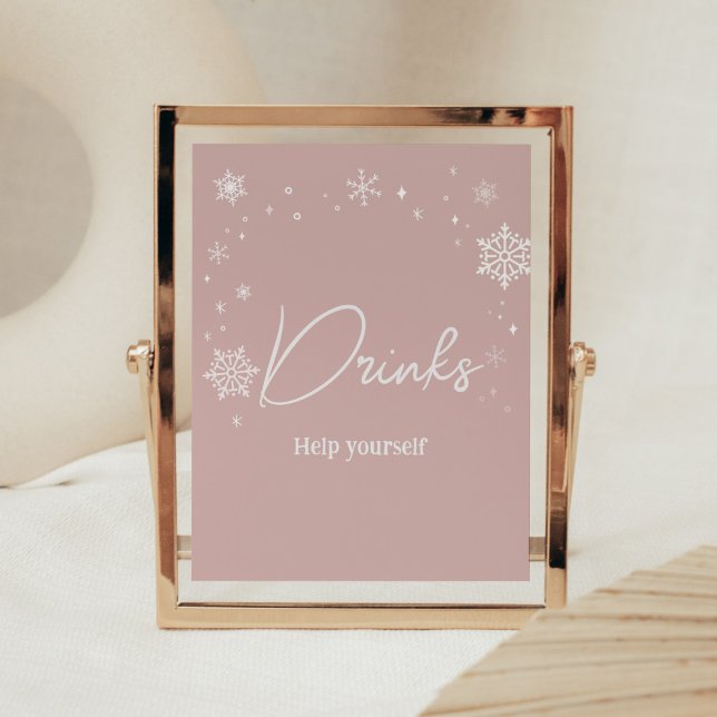 Affiche Baby shower moderne Pink Snowflakes Boissons (Modern Pink Baby It's Cold Outside Baby Shower Drinks Sign)