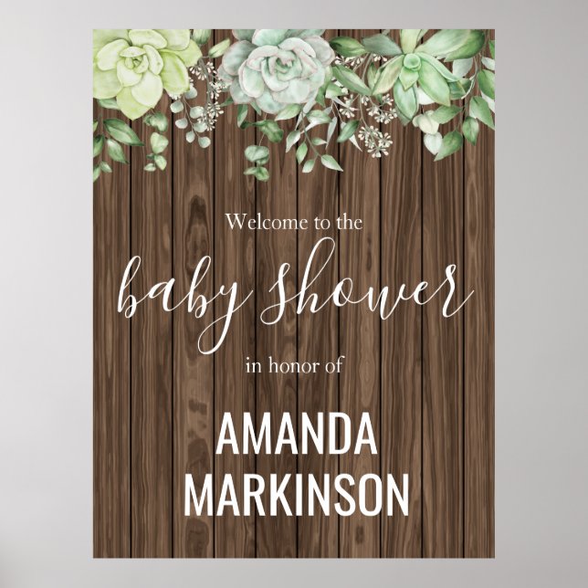 Affiche Baby shower moderne rustique vert Succulent (Devant)
