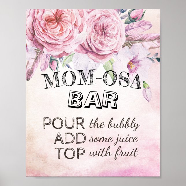 Affiche Baby shower MOM-OSA BAR Signal Boho Fleurs Plumes (Devant)