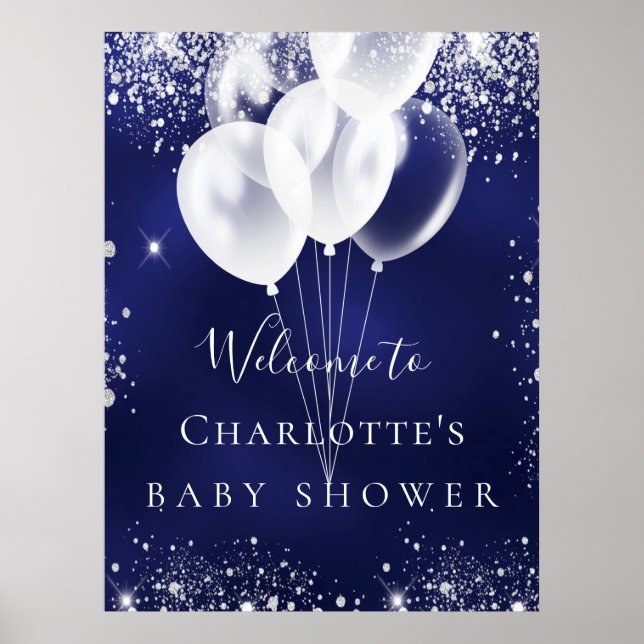 Affiche Baby Shower navy blue white balloons welcome (Devant)