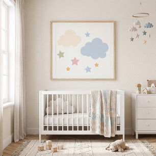 Affiche Baby Shower Nuages Pastels et Étoiles