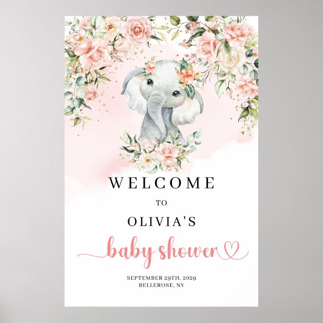 Affiche Baby shower or brun pour bébé éléphant mignon Bien (Devant)