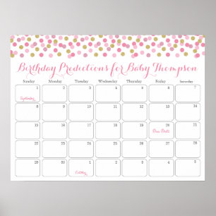 Affiche Baby shower or rose Calendrier de prédiction Anniv