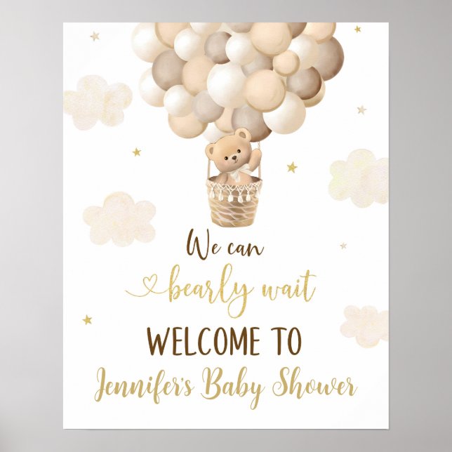 Affiche Baby shower or Teddy Bear Balloons Bienvenue (Devant)