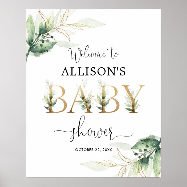 Affiche Baby shower or vert neutre genre bienvenue (Devant)