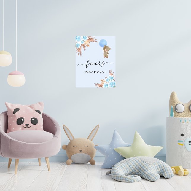 Affiche Baby shower ours en peluche bleu pampas herbe fave (Créateur téléchargé)