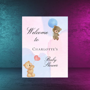 Affiche Baby shower ours en peluche bleu rose sexe révéler