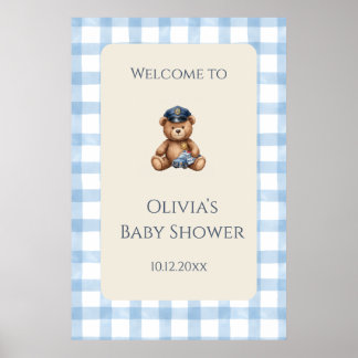Affiche Baby Shower Ours en Peluche Policier à Carreaux
