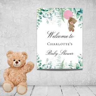 Affiche Baby shower ourson fille forêt d'eucalyptus rose