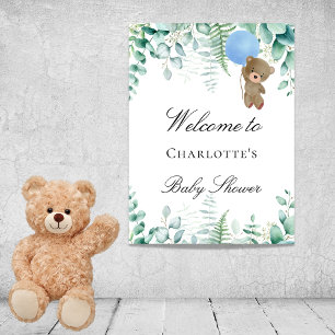 Affiche Baby shower ourson garçon forêt d'eucalyptus bleu