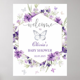 Affiche Baby shower papillon argenté violet bienvenue