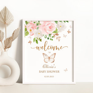 Affiche Baby shower papillon floral signe de bienvenue
