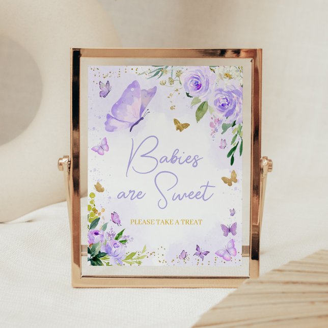 Affiche Baby shower papillon pourpre Les bébés sont doux (Girl Floral Butterfly Baby Shower Babies are Sweet Sign)