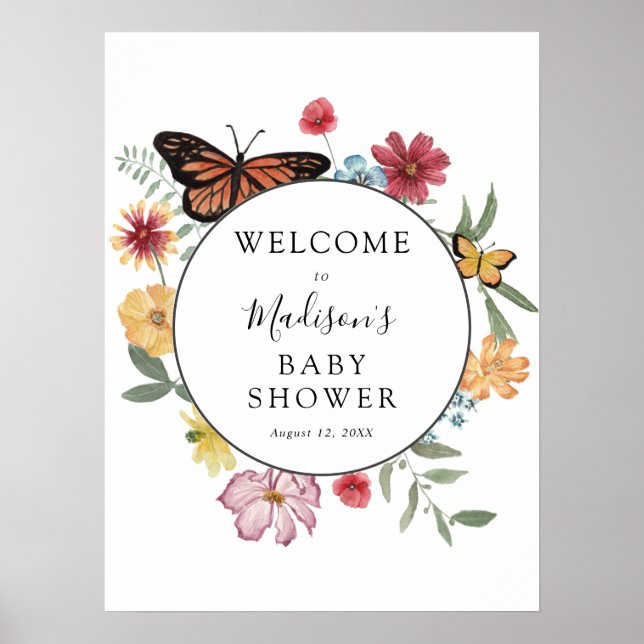Affiche Baby shower papillon pré-fleuri Bienvenue (Devant)