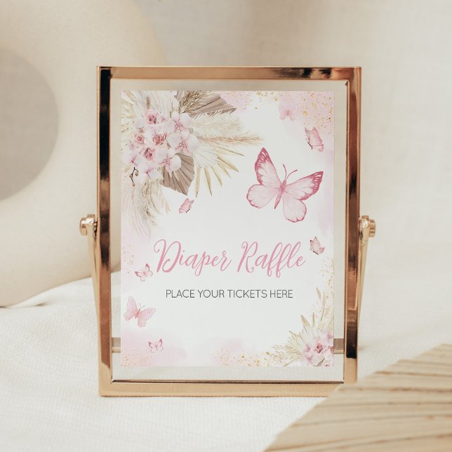 Affiche Baby shower Papillon rose Barreau (Girl Butterfly Pampas Grass Baby Shower Diaper Raffle Sign
)
